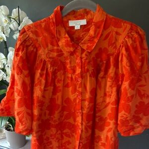 Linen Charter Club Luxury Orange Buttoned Blouse with Peter Pan Collar